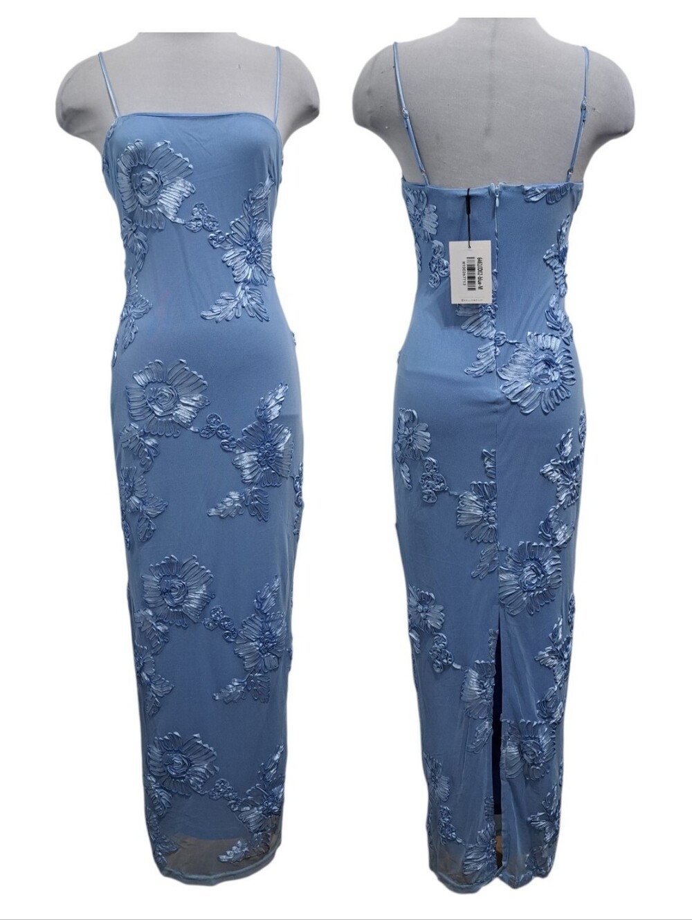 Hello Molly Amber Zest Mesh Embroidered Spaghetti-Strap Maxi Dress Medium Blue